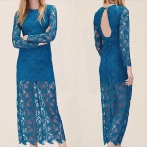 Maje Lace Sheath Midi Dress Medium Teal Long Sleeve Event Coastal Romantic